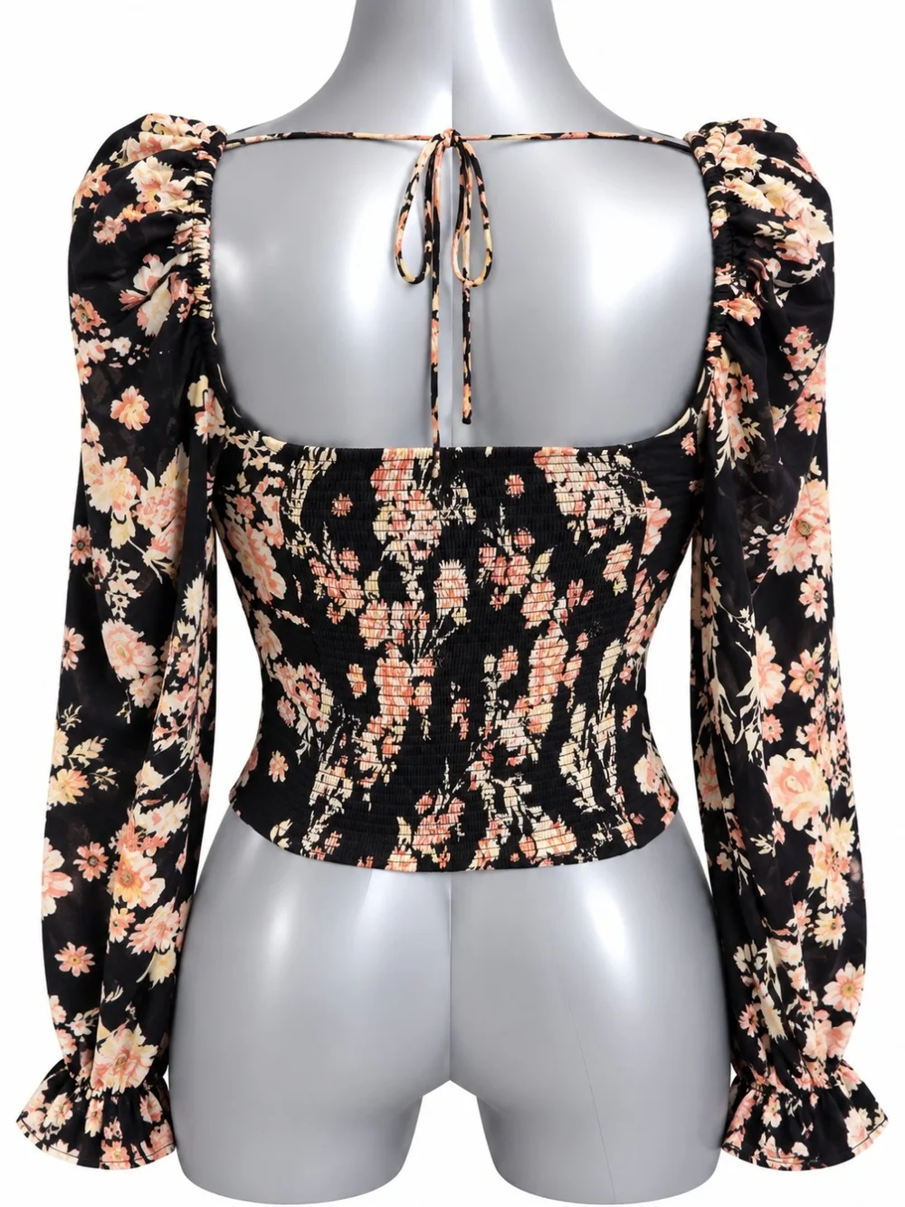 Free People Medium Floral Smocked Back Corset Crop Blouse Boho Puff Sleeve EUC